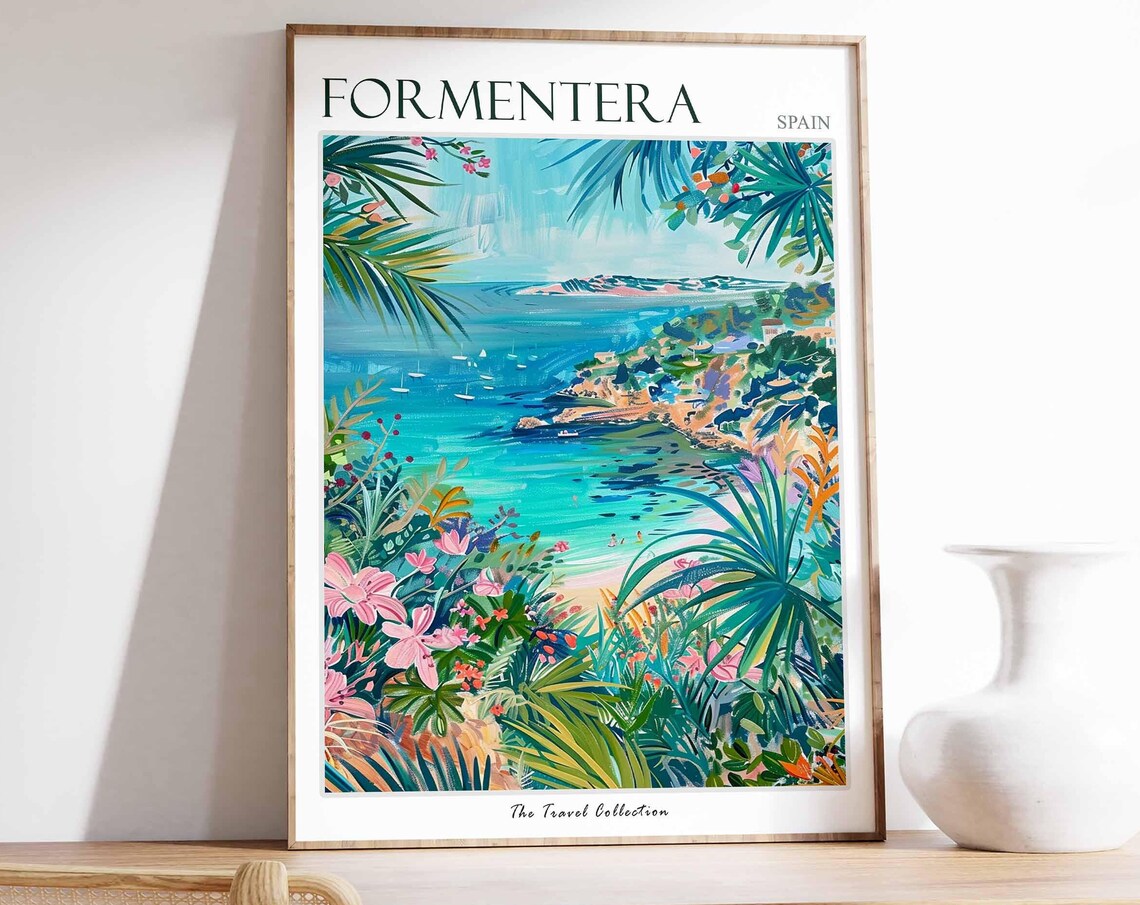 Formentera Spain Turquoise Bay Tropical Floral Scene Art Poster