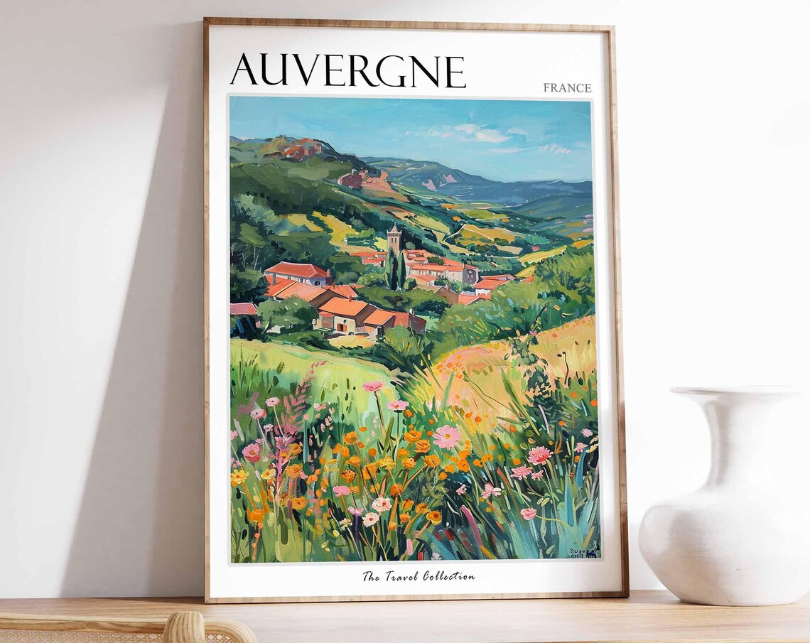 Auvergne France Bright Wildflower Field Church Village Poster