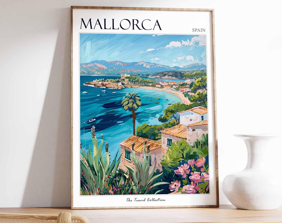 Mallorca Spain Bay Boats Red Roof Houses Garden Travel Poster