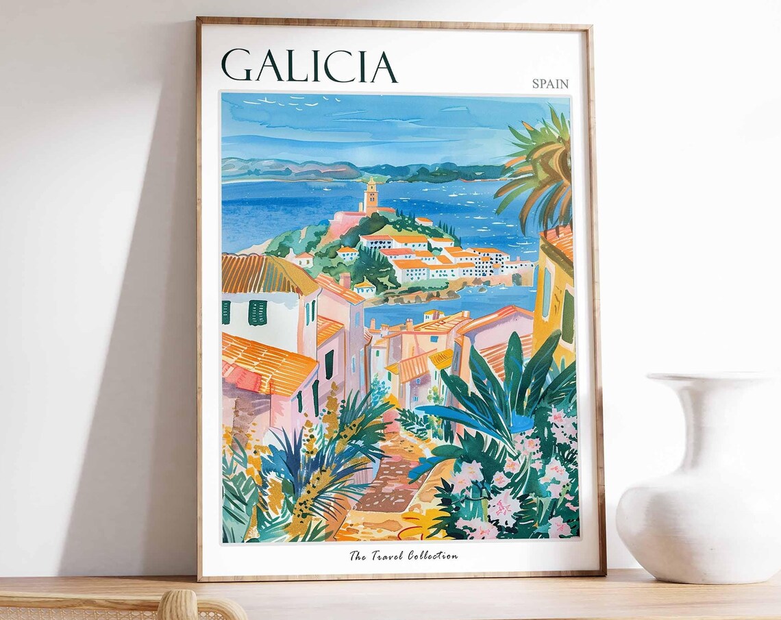 Galicia Spain Travel Poster Hillside Town Bay View Art Collection Scene