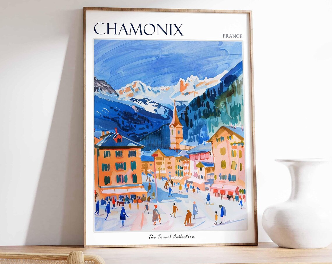 Chamonix France Ski Resort Town Mountain Snow Scene Travel Poster