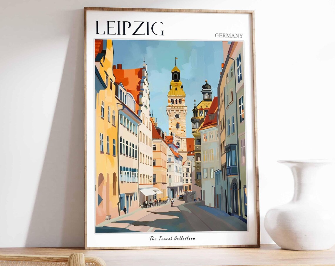 Leipzig Germany Sunny Street Clock Tower Old Town Travel Poster