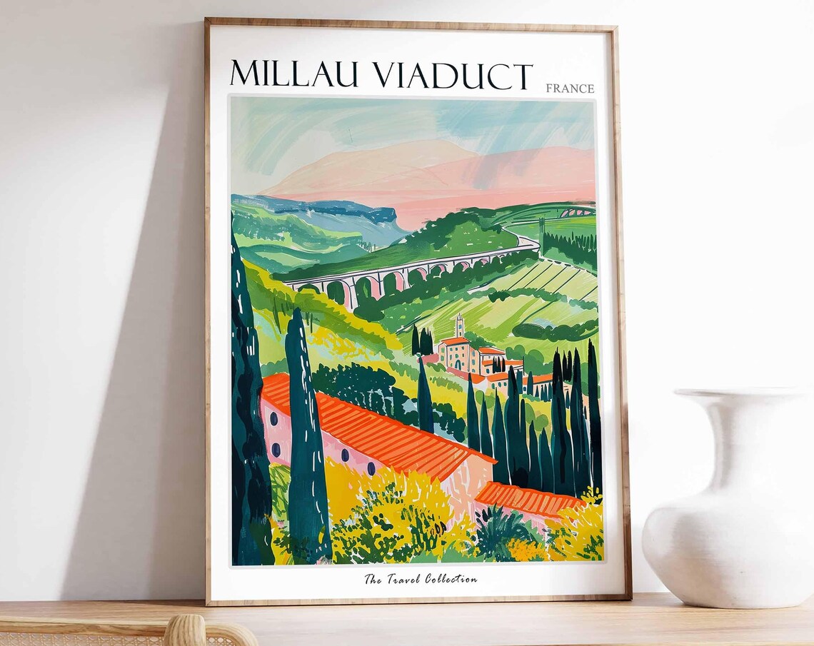 Millau Viaduct France Green Valley Village Painting Travel Poster