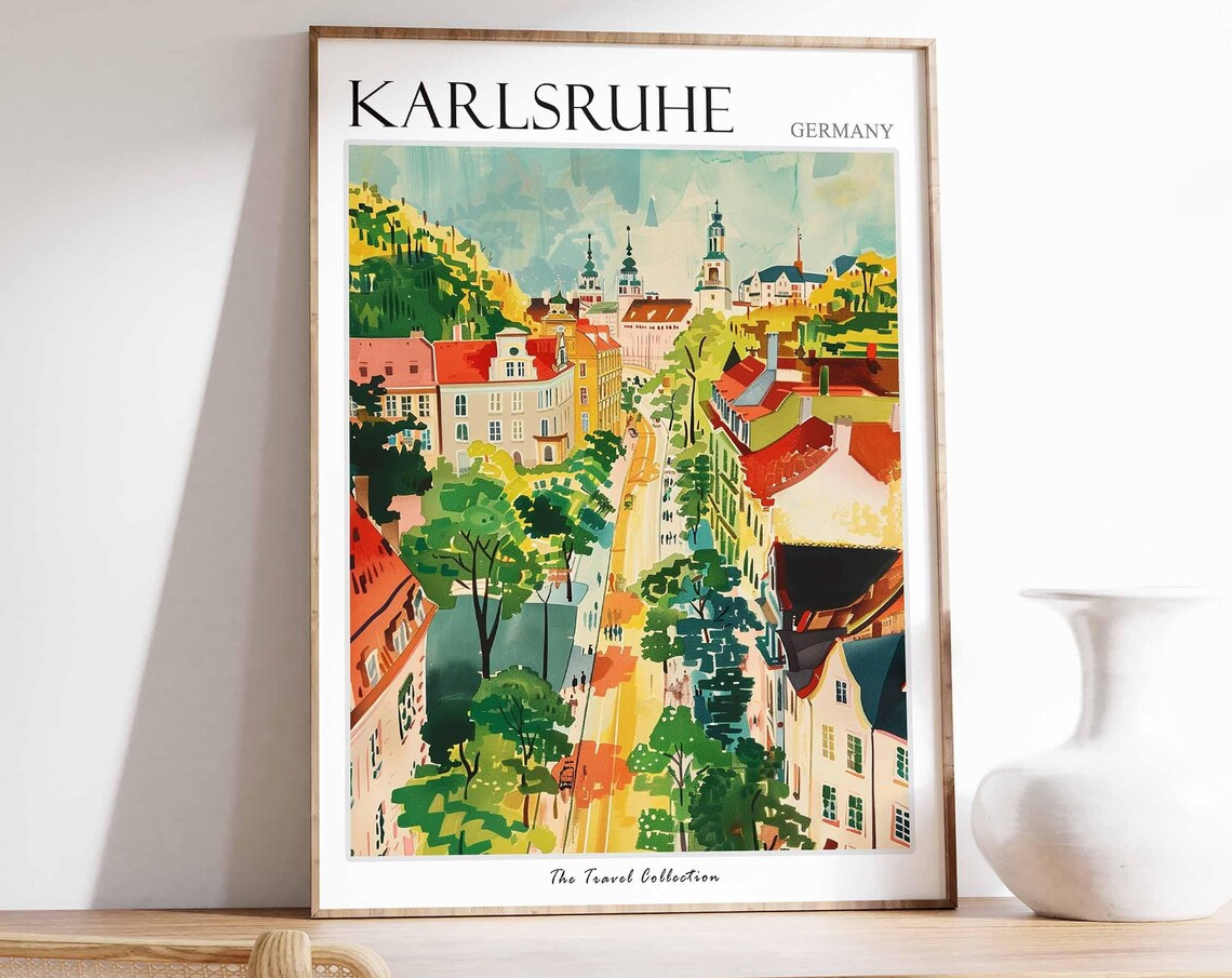 Karlsruhe Germany Green Tree Avenue Church Towers Travel Poster