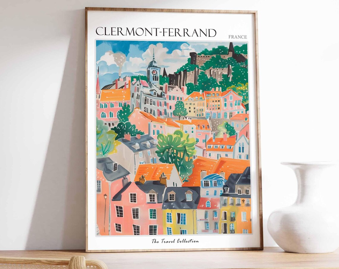 Clermont-Ferrand France Pastel Rooftops Hill Town Painting Poster