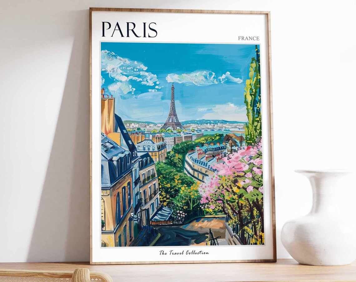 Paris France Eiffel Tower Spring Blossom Street Scene Travel Poster