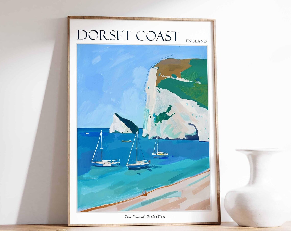 Dorset Coast England Chalk Cliffs Sailboat Beach Travel Poster
