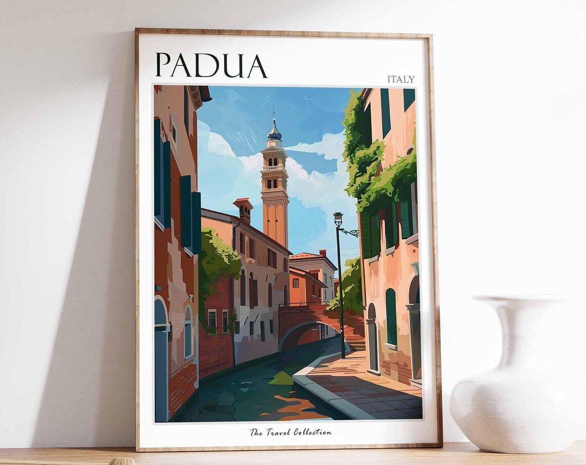 Padua Italy Travel Poster Canal Street Bell Tower Art Collection View