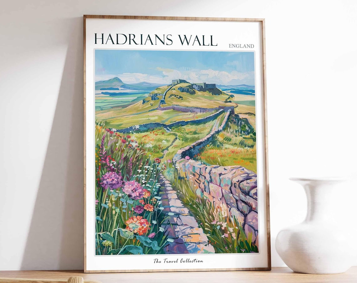 Hadrians Wall England Hillside Wall Travel Poster Wildflowers Fort Art