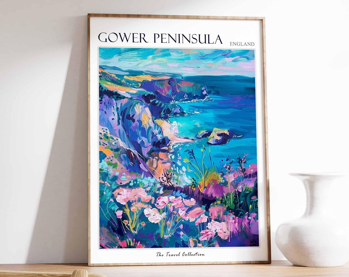 Gower Peninsula Violet Cliffs Travel Poster Turquoise Sea Flowers Art