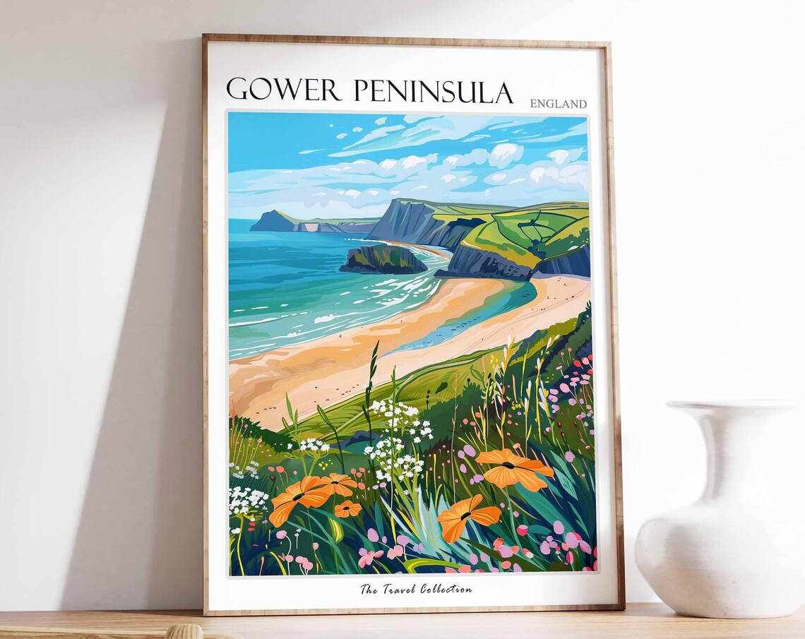 Gower Peninsula Cove Beach Travel Poster Dramatic Cliffs Bay Art