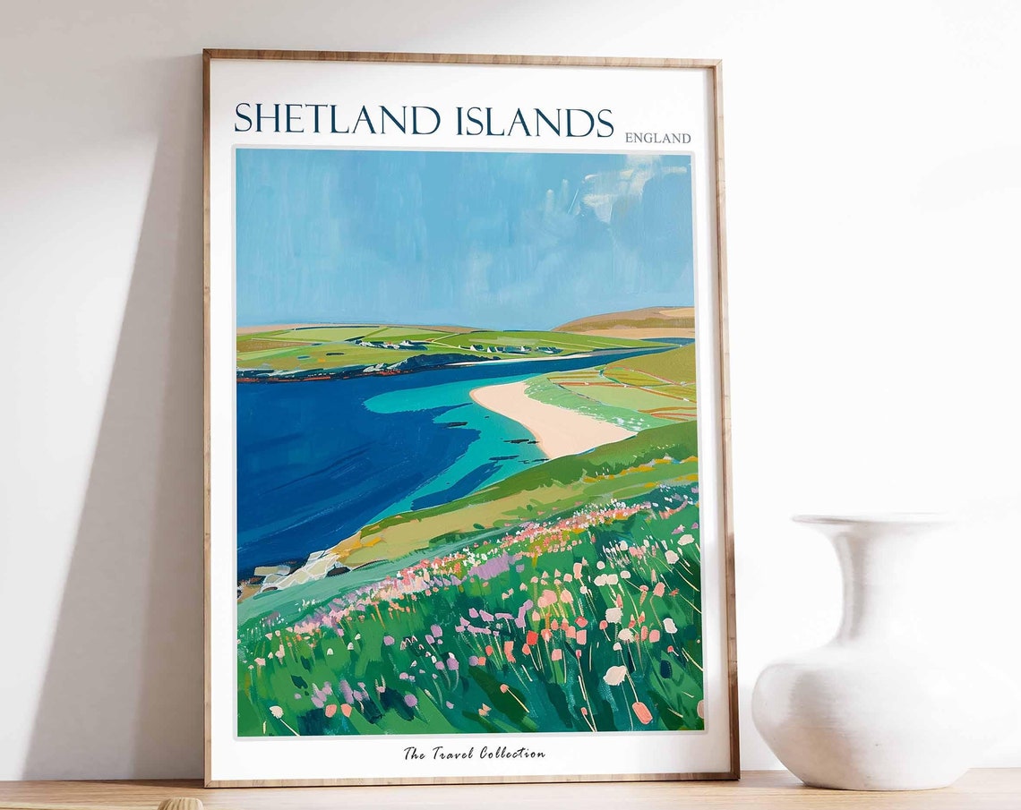 Shetland Islands Sandy Beach Deep Blue Sea Wildflower Travel Poster