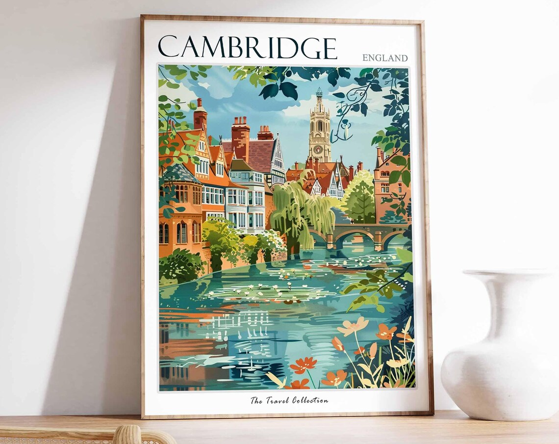 Cambridge Vintage Travel Poster, England City Print
