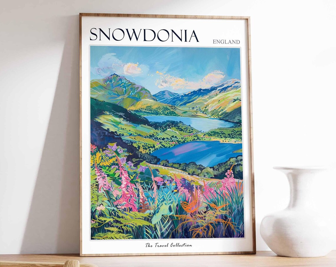Snowdonia Twin Lakes Wildflower Valley Mountain Travel Poster