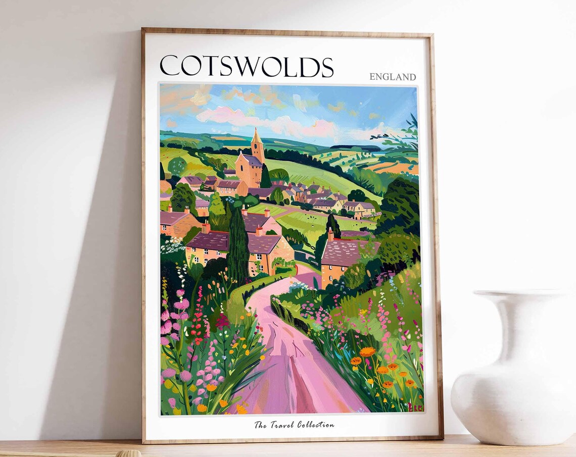 Cotswolds England Village Church Spire Pink Lane Blossoms Poster
