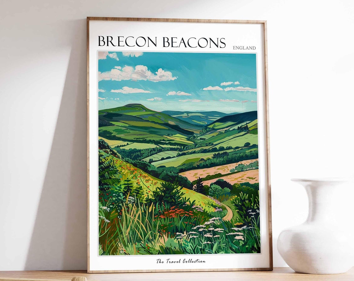 Brecon Beacons Green Valley Winding Path Watercolor Travel Poster