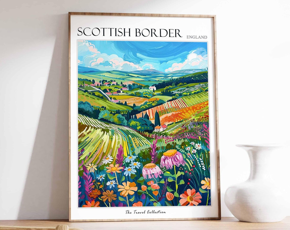 Scottish Borders Striped Fields Wildflower Patchwork Art Poster