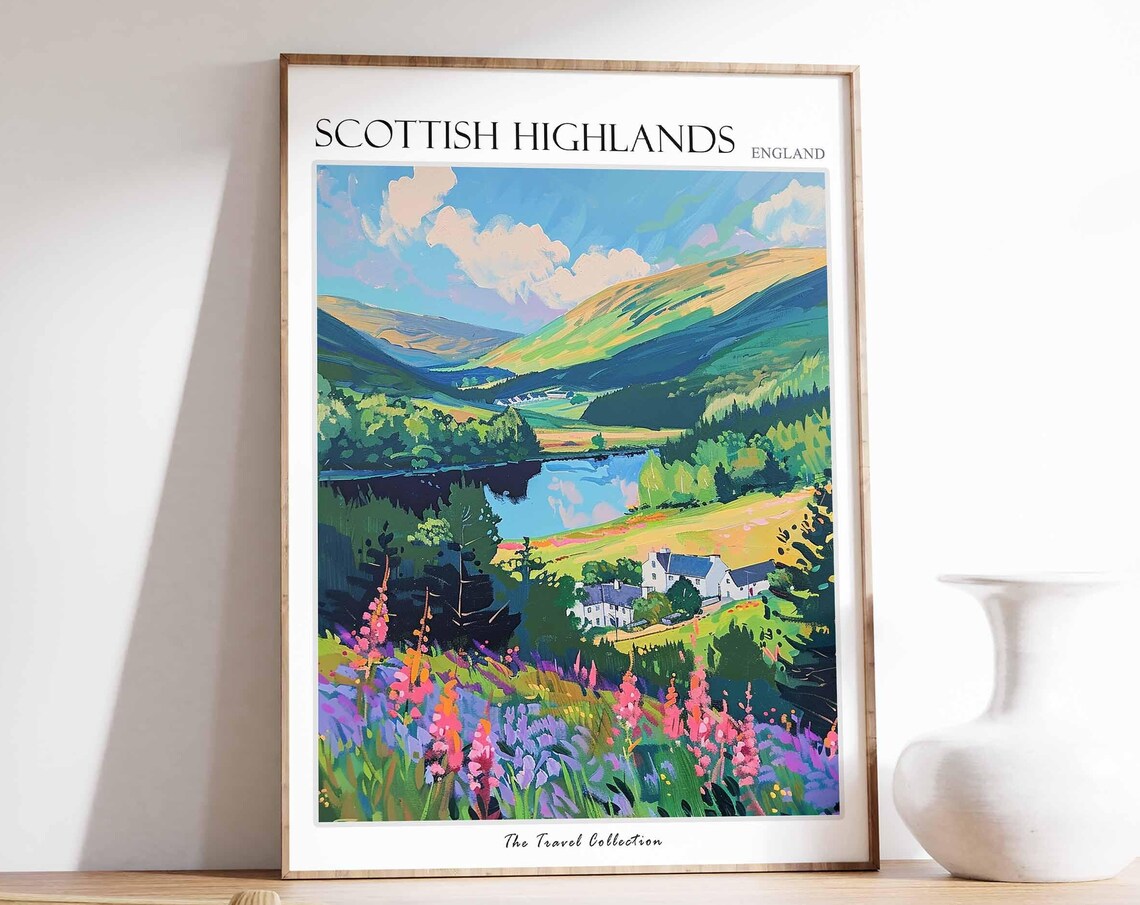 Scottish Highlands Dark Loch Lupin Village View Travel Poster