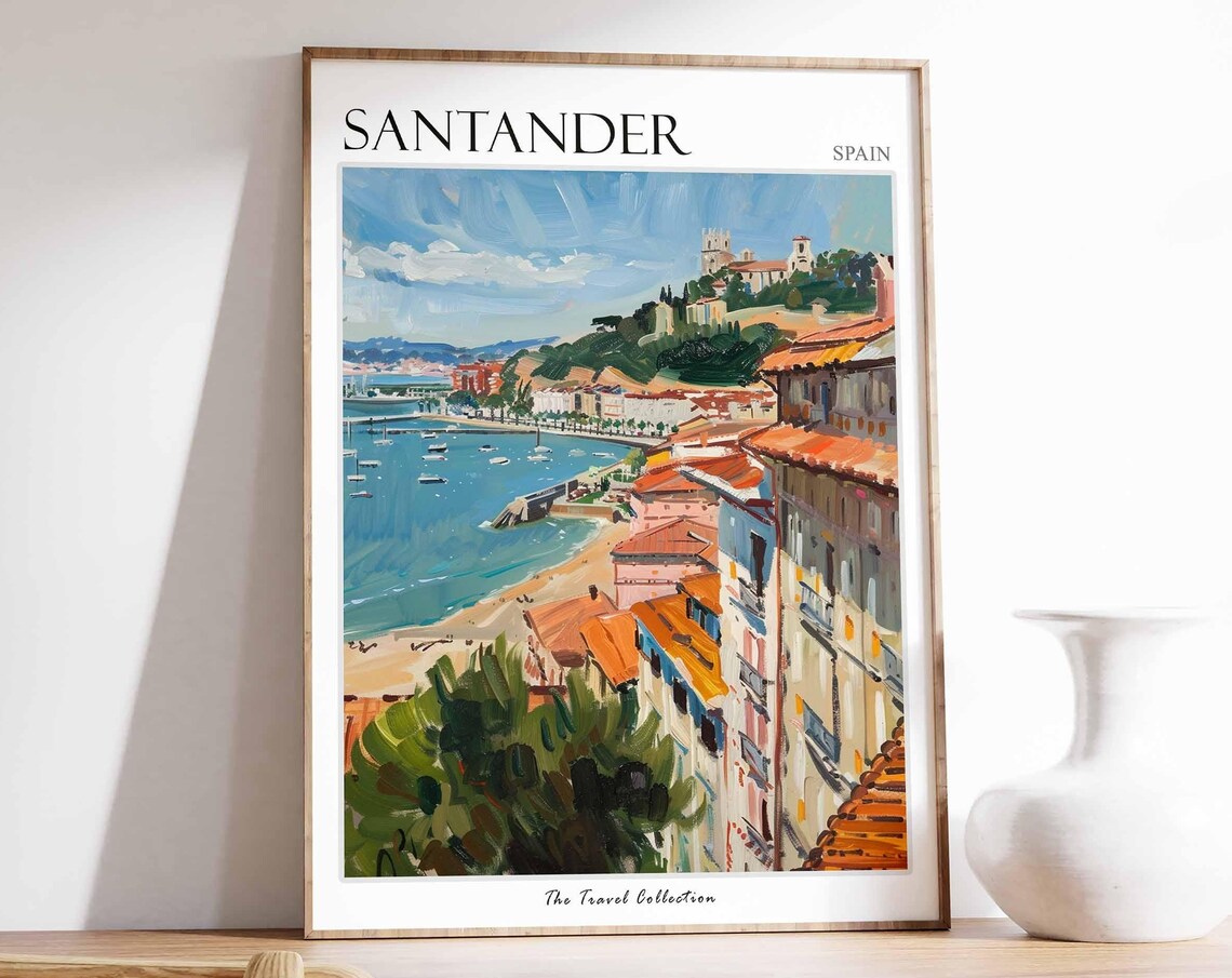 Santander Spain Bay Sailboats Hillside Town Art Travel Poster