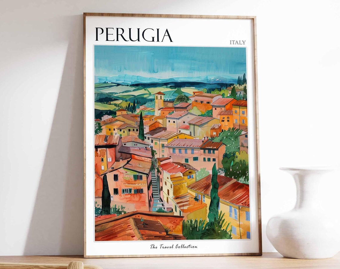 Perugia Italy Scenic Old Town Rooftops Valley Painted Poster