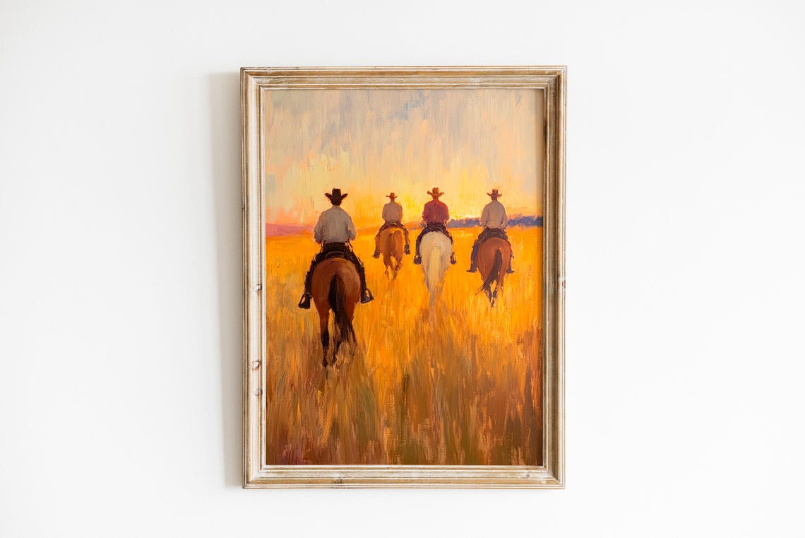 Bold Cowboys Riding Horses Into Golden Sunset Western Poster