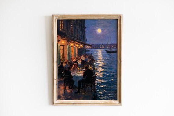 Moody Harbor Restaurant Art Vintage Nighttime Scene Romantic Coastal Dining Cozy Watercolor Decor 195