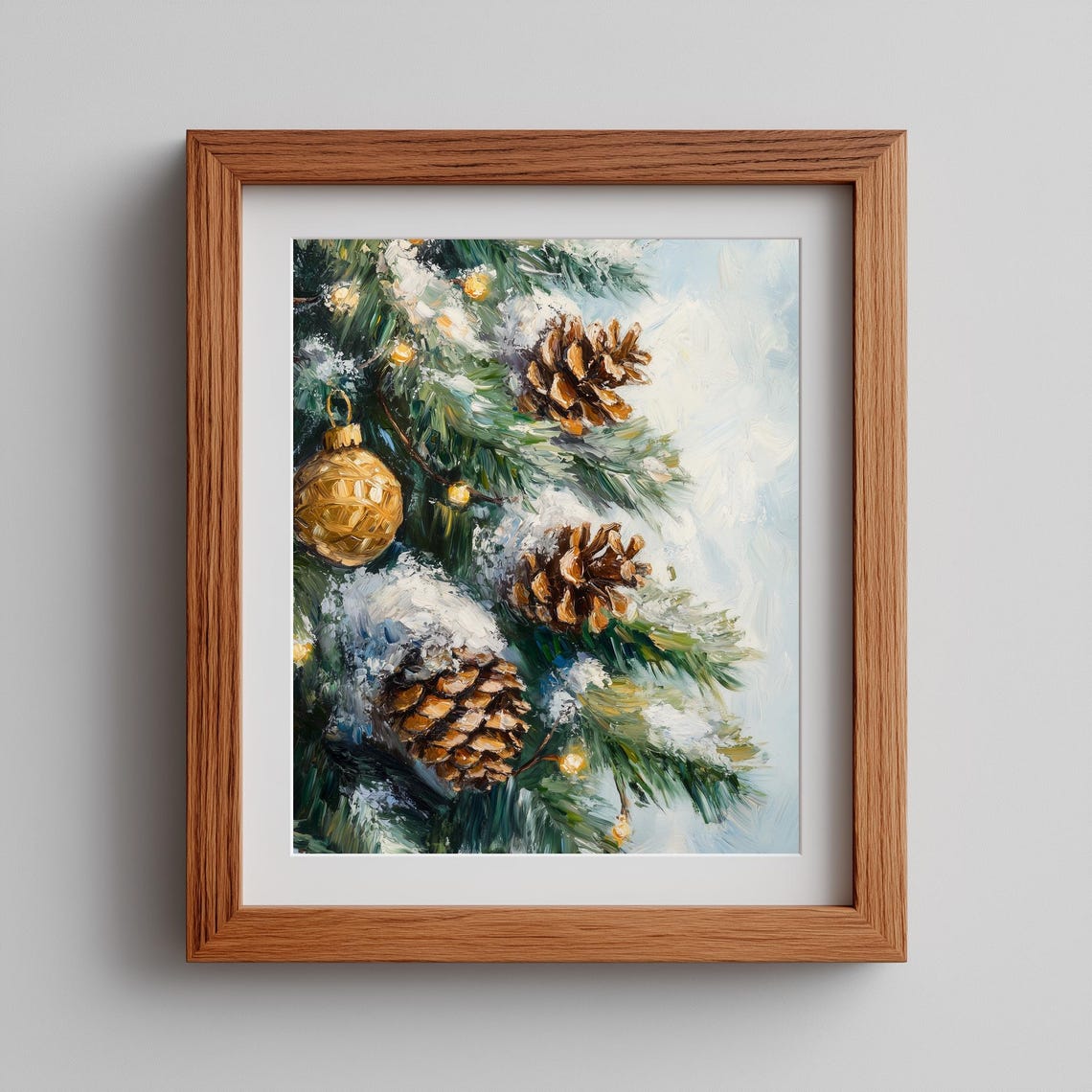 Snowy Christmas Tree Branch Painting Pine Cones Gold Ornament Wall Art