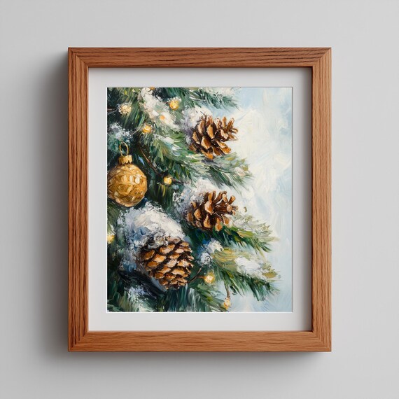 Snowy Christmas Tree Branch Painting Pine Cones Gold Ornament Wall Art
