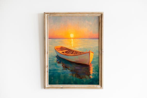 Moody Coastal Night Scene Fishermans Rowboat Art Serene Midnight Sun Glow Vintage Seascape 1067