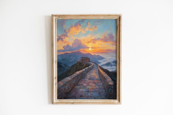Rustic Great Wall Of China Landscape Art Atmospheric Sunrise Painting Moody Travel Decor Mountain Mist 345
