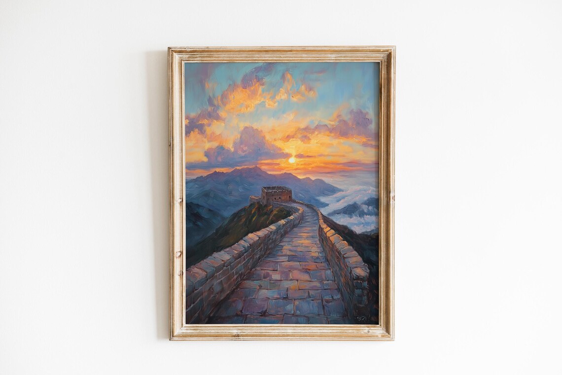 Great Wall of China Sunrise Oil Painting Mountain Landscape Poster