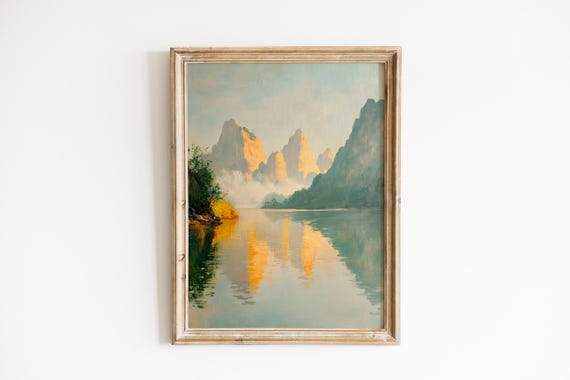 Serene Moody Li River Landscape Vintageinspired Karst Mountains Art Tranquil Scene With Mist Wall Decor 892