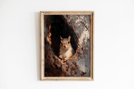 Curious Squirrel In Rusty Autumn Tree Hollow Cozy Landscape Wall Art Moody Naturalistic Painting Warm Fall Decor 1199