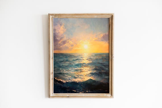 Moody Seascape Painting Vintage Coastal Sunset Print Romantic Ocean Art With Golden Light Wall Decor 839