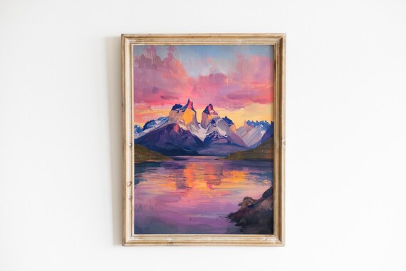 Dramatic Torres Del Paine Mountain Peaks Print Vibrant Dawn Landscape Art Moody Nature Decor Wall 312