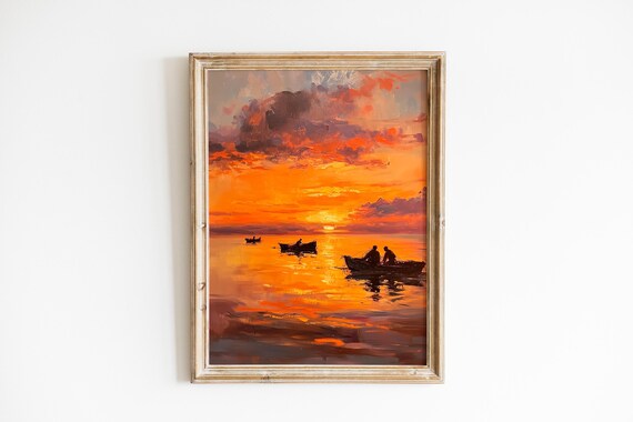 Moody Seascape Art Fishermen At Sunset Rustic Coastal Decor Nautical Landscape Painting Wall 247