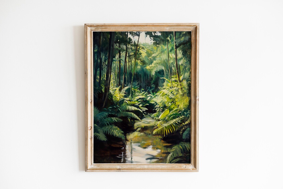 Moody Green Forest After Rain Ferns Stream Sunlit Woodland Art Poster