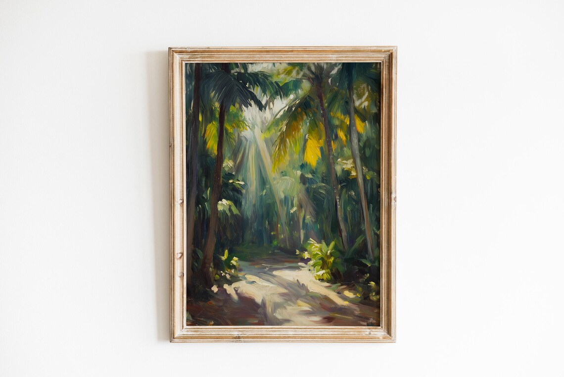 Sunlit Palm Forest Path Painting Print Moody Impressionist Tropical Jungle Decor