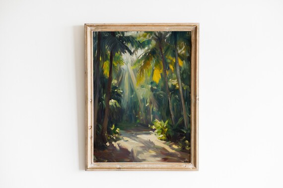 Sunlit Palm Forest Path Painting Print Moody Impressionist Tropical Jungle Decor