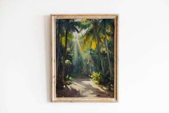Tropical Palm Forest Landscape Sunlit Path Under Palms Moody Impressionistic Painting Serene Decor 856