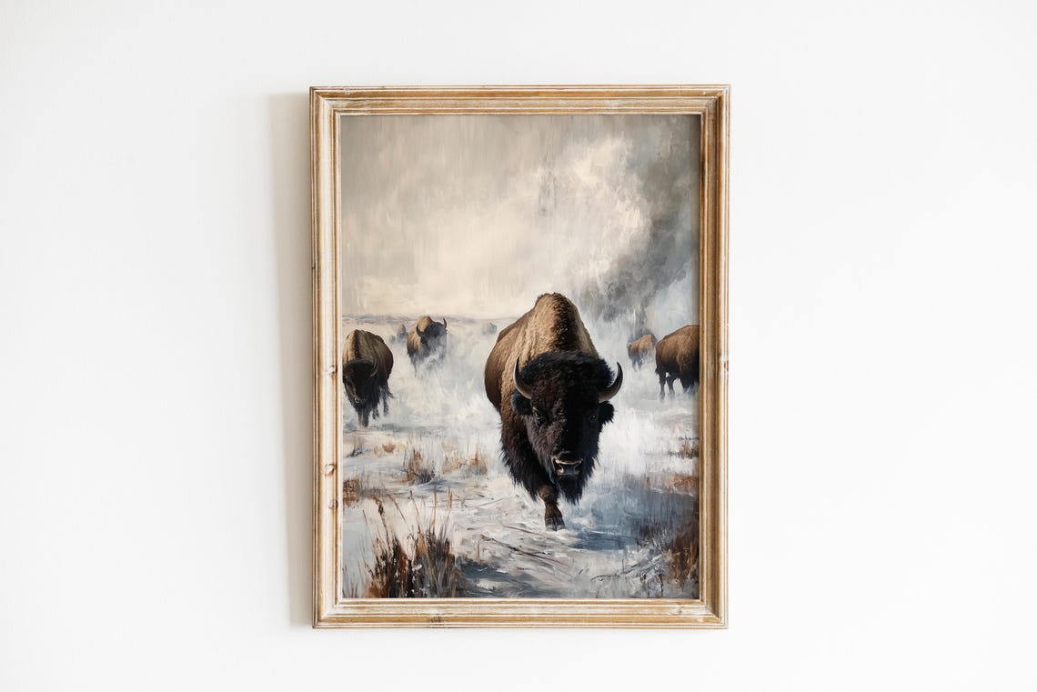 Bison Herd Charging Through Winter Snow Prairie Wild Art Poster