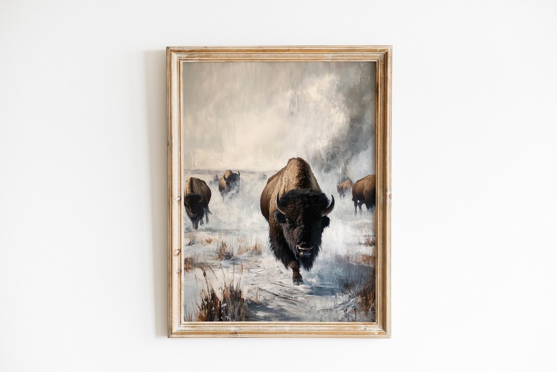 Moody Bison Crossing Steaming Winter Plain Rustic Wildlife Art Dramatic Scene Snowy Ranch Decor 613