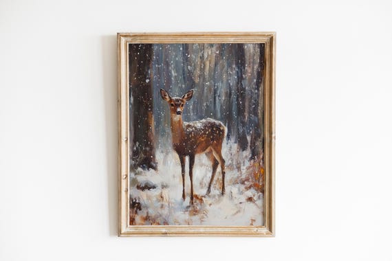 Winter Forest Deer Art Moody Landscape Painting Rustic Scene Serene Nature Wall Cozy 1034