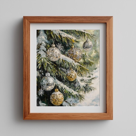 Silver and Gold Christmas Ornaments on Snowy Evergreen Art Poster