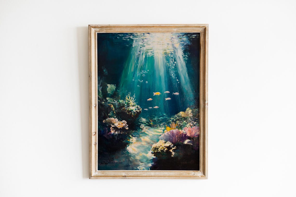 Moody Underwater Coral Reef Tropical Ocean Painting Wall Art