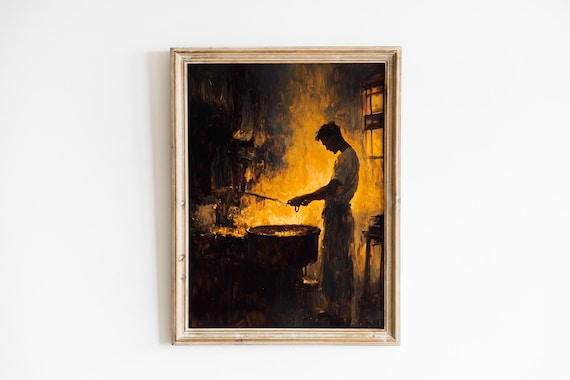 Moody Blacksmith At Forge Rustic Vintage Wall Art Silhouette Painting Dramatic Evening Light 1104