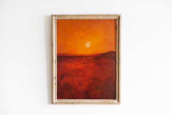 Rustic Outback Landscape Warm Moody Sunset Art Vintage Farmhouse Decor Dramatic Earthy Horizon Painting 900