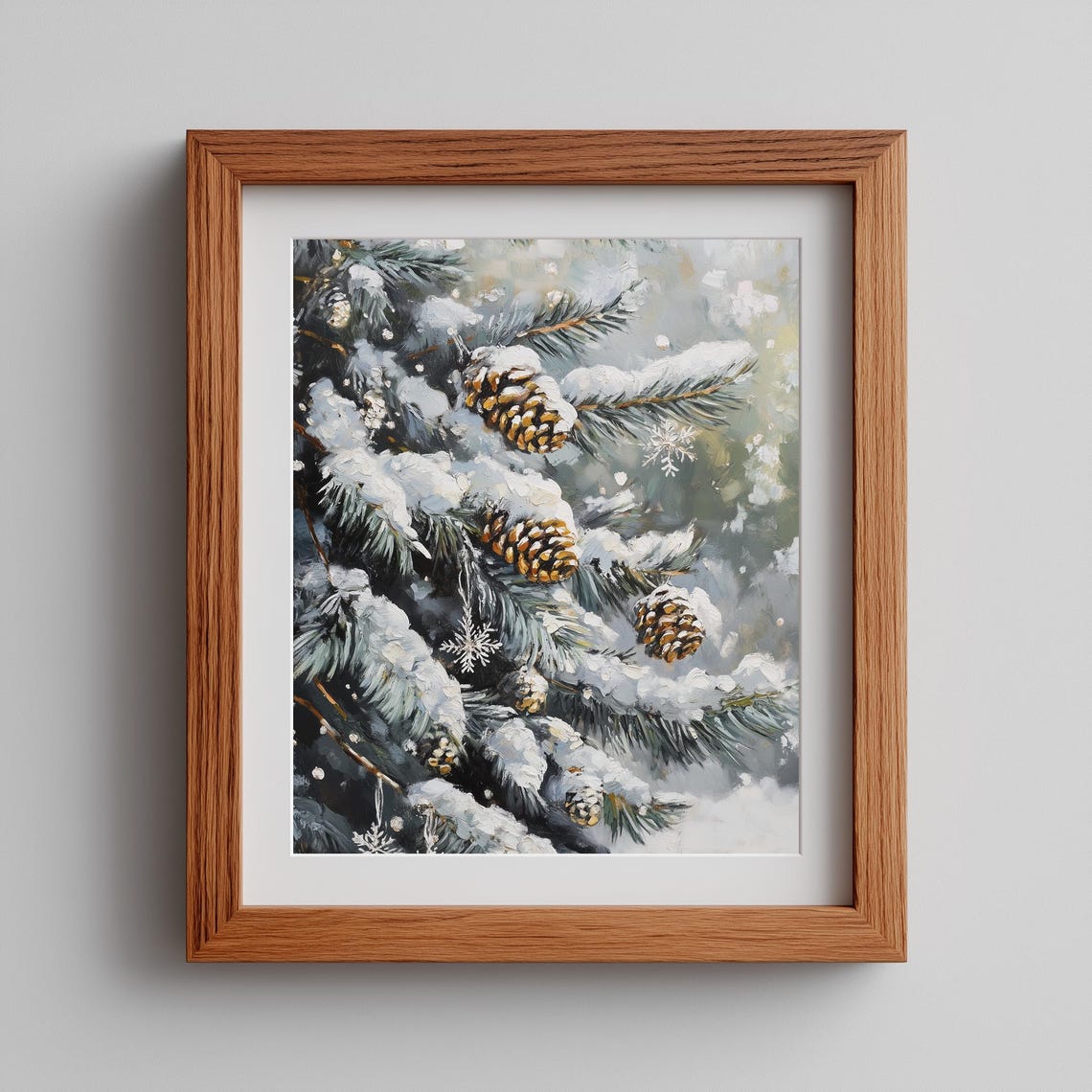 Snow Dusted Pinecones on Evergreen Branches Winter Nature Art Poster
