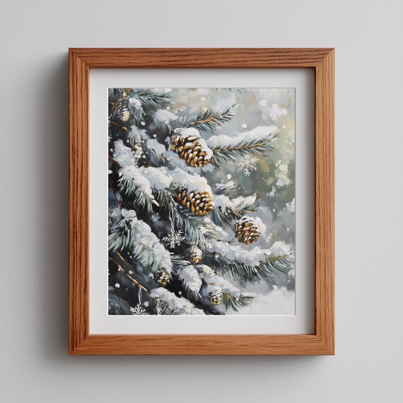 Snow Dusted Pinecones on Evergreen Branches Winter Nature Art Poster