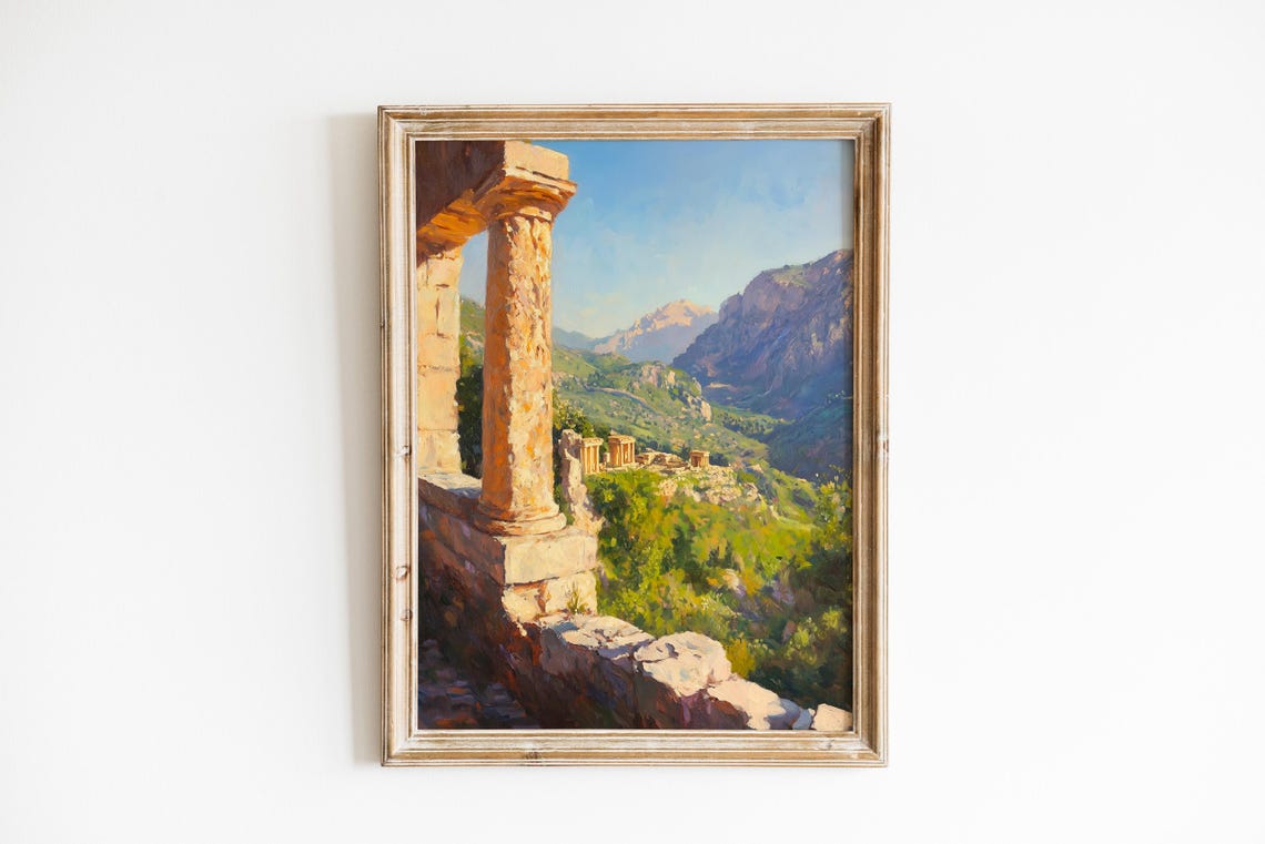 Ancient Greek Ruins Temple Columns Mediterranean Landscape Poster
